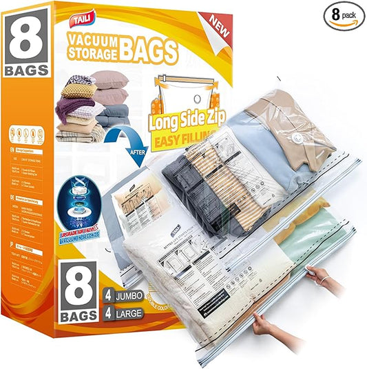 TAILI LONG SIDE ZIP 8 Pack Vacuum Storage Bags, Multi-Size Vacuum Seal Bags for Clothing (4 Large+4 Jumbo), Storage Bulky Beddings, Blankets and Clothes, Space Saver for Closet Organization