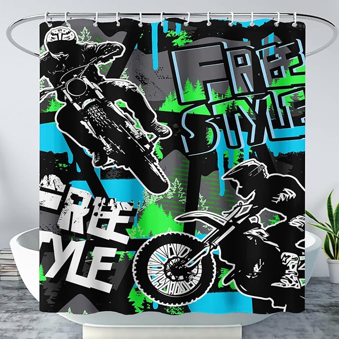 AILONEN Boys Motocross Hip Hop Shower Curtain,Dirt Bike Racer Waterproof Bath Curtain,Motorcycle Sport Curtain for Kids Men,Colorful Cartoon Shower Curtain 60" W x 72" H