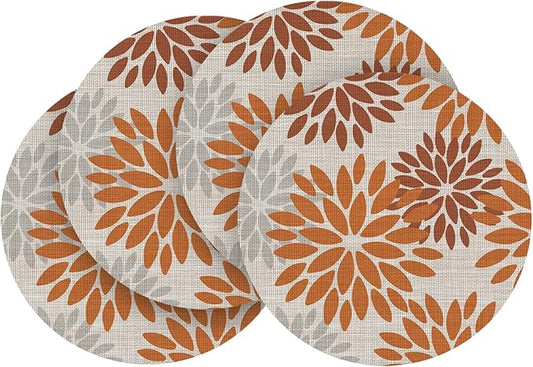 Artoid Mode Orange Dahlia Plastic Round Placemats Set of 4, 14 Inch Seasonal Wipeable Woven Vinyl Table Mats for Farmhouse Party Kitchen Dining Decor