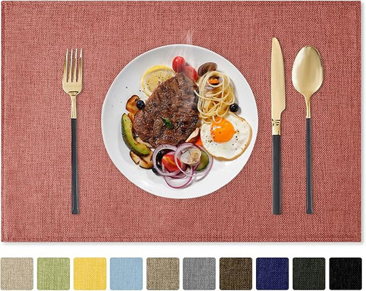 Romanstile Cloth Placemats Set of 6-12 x 18 Inch, Heat Resistant Double Layered Thickened Burlap Fall Place Mats, Washable Faux Linen Farmhouse Table Mats for Kitchen/Dining/Party/Outdoor, Orange