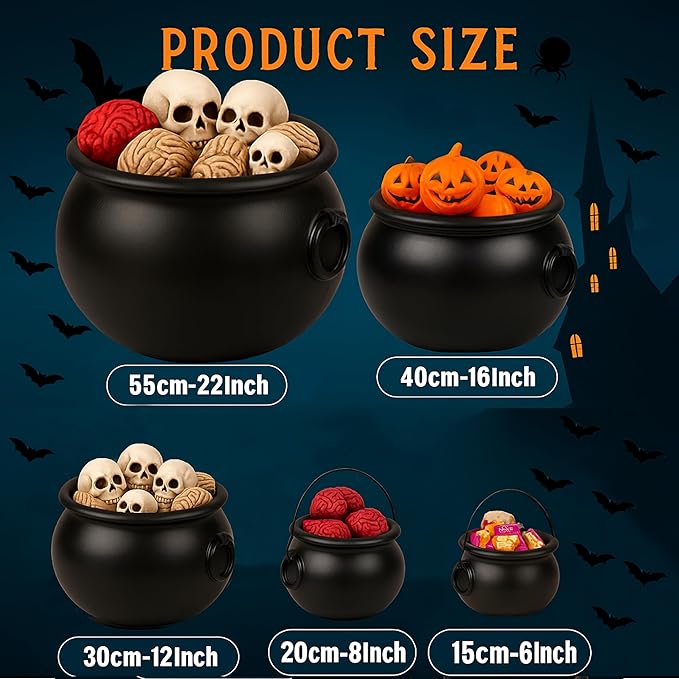 PMU 5pc- (22",16",12", 8",6") Halloween Cauldron Pot Kettle, Black Plastic Witch Cauldron, Halloween Party Candy Holder, Indoor & Outdoor Decorations