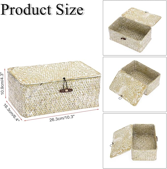 Hipiwe Wicker Shelf Baskets Bin with Lid Natural Seagrass Basket Storage Boxes Small Woven Basket Multipurpose Home Organizer Bins Box for Shelf Closet Bedroom Living Room Home Decor, Whitewash