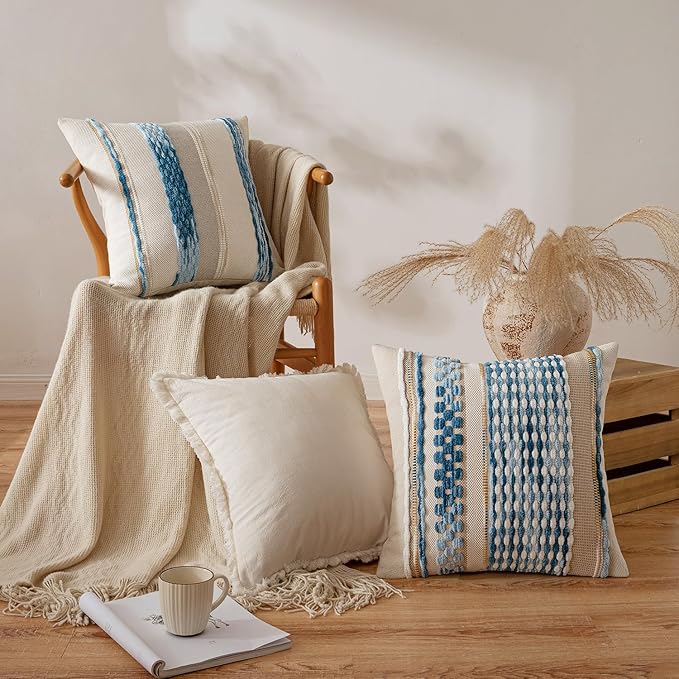 ANRODUO Pack of 2 Boho Decorative Throw Pillow Covers 18x18 Farmhouse Cushion Case Striped Chenille Pillow Cases Coastal Throw Pillows Accent Neutral Pillowcase for Sofa Couch Bed, Sky Blue Stripe