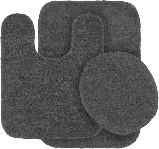 Fancy Linen 3pc Solid Non-Slip Bath Mat Set Bathroom U-Shaped Contour Rug, Mat and Toilet Lid Cover New # 6 (Charcoal/Dark Grey)