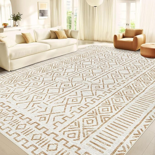 8x10 Area Rug Living Room: Washable Boho Geometric Moroccan Rug Neutral Modern Farmhouse Indoor Soft Non Slip Ultra Thin Large Printed Pattern Carpet for Bedroom Home Office (BeigeBrown, 8'x10')