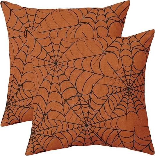 Halloween Spiderweb Pillow Covers 24x24 Set of 2 Burnt Orange Black Web Outdoor Decorative Throw Pillows Halloween Scary Themed Farmhouse Pillowcases Linen Cushion Case Decor for Home Sofa Couch Bed
