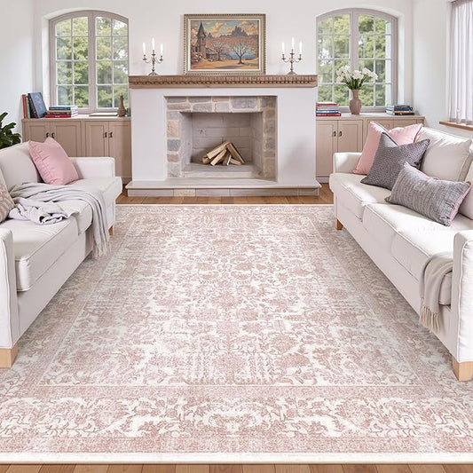 Pink Area Rug 8x10 Machine Washable Large Vintage Living Room Distressed Non Slip Carpet Traditional Indoor Bedroom Retro Floral Accent Throw Rug for Office Kitchen Dining Room