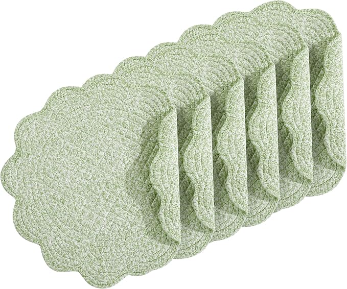 HOMBYS Quilted Placemats Set of 6 Washable Round Placemats for Kitchen Table-100% Cotton Fabric 13 Inch Round Table Mats, Cotton Fabric with Microfiber Filling, (13"x13", White & Green Flower)