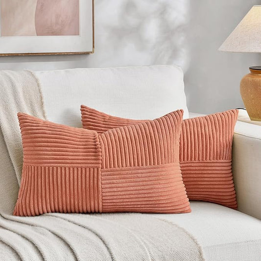 Fancy Homi 2 Packs Coral Lumbar Decorative Throw Pillow Covers 14x24 Inch for Living Room Couch, Rustic Farmhouse Boho Home Decor, Soft Striped Corduroy Rectangle Accent Peach Cushion Case 35x60 cm