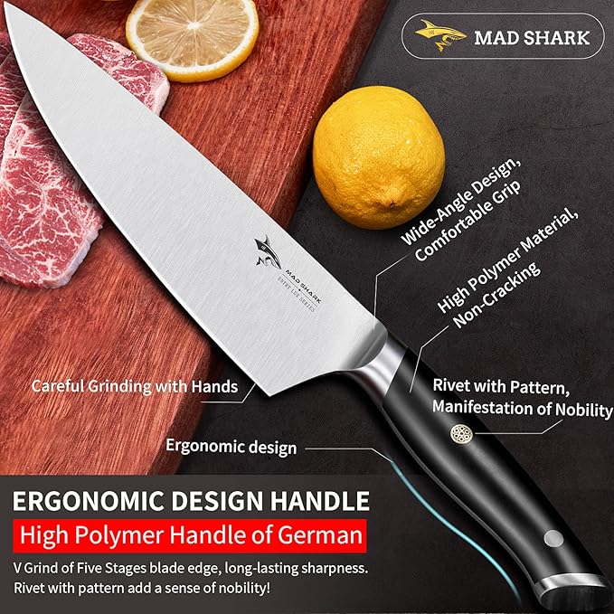 MAD SHARK Chef Knife, Professional 8 inch Ultra Sharp Kitchen Knife, German High Carbon Stainless Steel Knife, Ergonomic Handle Cooking Knife with Gift Box