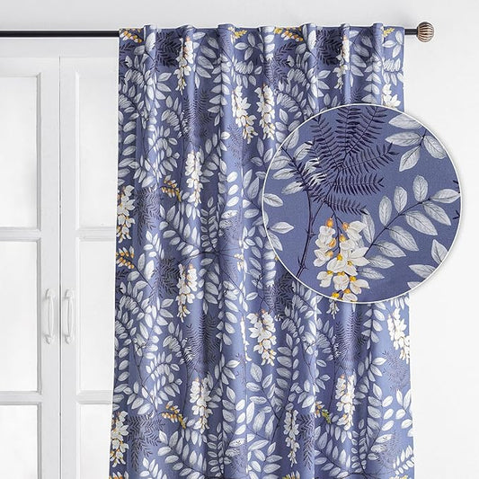 Maison d' Hermine Curtains for Living Room 100% Cotton 84 inch Length One Panel Light Filtering Curtains for Bedroom Windows with Rod and Loop Pockets Drapes (Feuillage Air Force Blue, 50" W x 84" L)