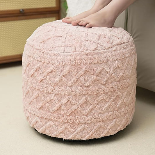 Round Stuffed Pouf Ottoman, Corduroy Poufs with Foam Chunk Filling, Furry and Fluffy Pouf Foot Stool Storage Pink 26"