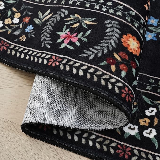 Bedroom Rug 3x5 Rug Washable Area Rug Non Slip Low Pile Boho Floral Animal Small Carpet for Bedroom, Bedside, Kitchen, Entryway, Kids Room, Office, College Dorm Essentials for Girls (Black)