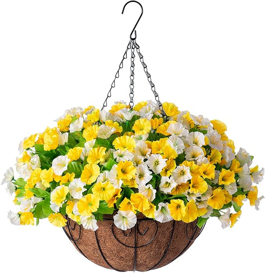 Artificial Hanging Flowers with Basket, Faux Silk Petunias Flower Arrangement, Coconut Lining with Morning Glories Fake Plants Patio Garden Porch Deck Spring Summer Decor(Yellow and White)