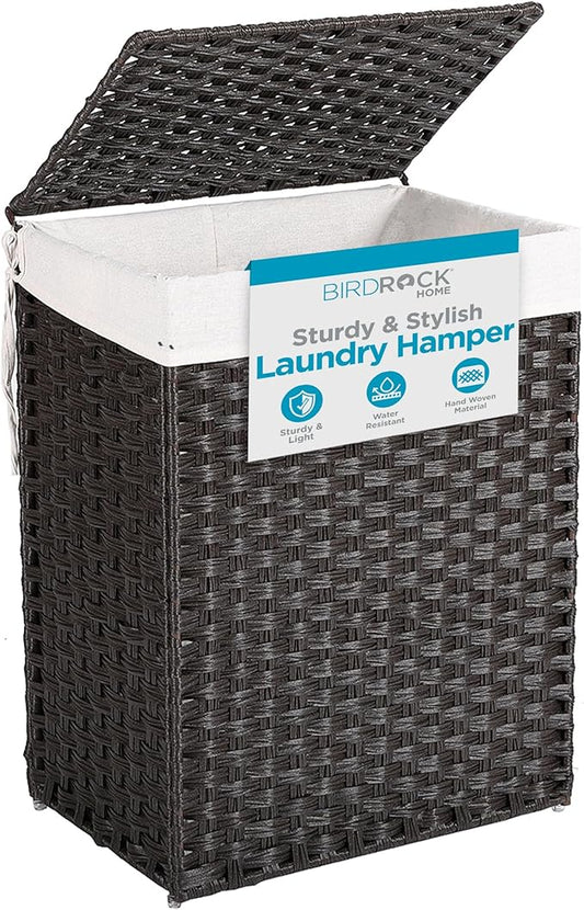 BIRDROCK HOME Laundry Hamper with Lid - Hand Woven PE Rattan Clothes Basket with Removable Liner Bag - Small Collapsible & Foldable Laundry Bin Organizer Storage for Bathroom, Bedroom - Single, Brown