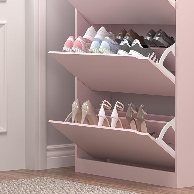 Shoe Cabinet with 3 Flip Drawers, Hidden Wood Shoe Cabinet,Freestanding Shoe Storage Cabinet for Entryway Hallway.White. 47.2" H*31.5" W*9.25" D (Pink)