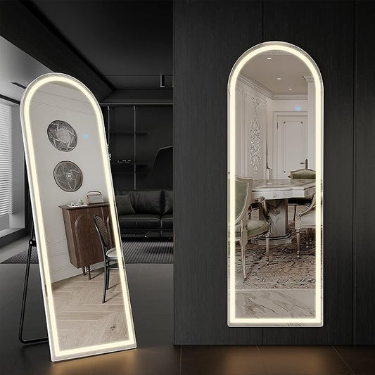 Arched Full Length Mirror with LED Lights, 60"x16" LED Floor Mirror with Stand, Body Floor Mirrors with Dimming & 3 Color Lighting, Wall Mounted LED Mirrors for Bedroom, Dressing Room, Cloakroom
