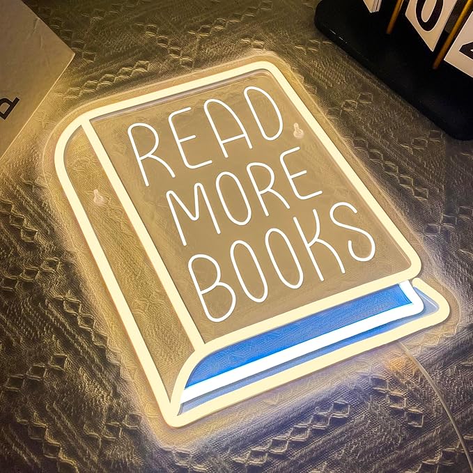 Read More Books Neon Signs for Wall Decor, Dimmable Book Classroom Neon Sign, Book Club Decor, Reading Bookshelf School Library Wall Decor, Book Lover Gift, Christmas Gifts(11 * 11.8in)