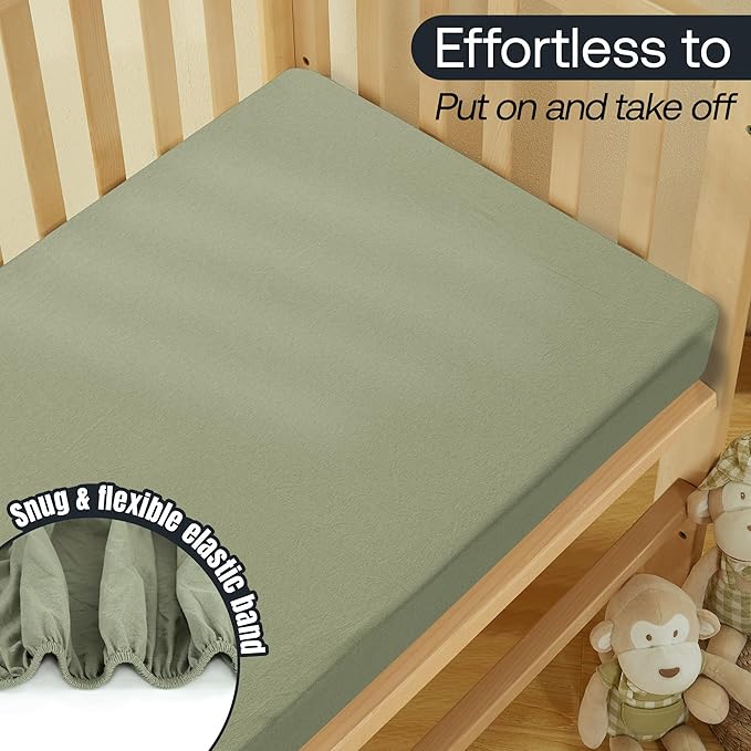 Baby Crib Standard Sheet, 100% Cotton Knitted Jersey, Pack n Play Sheet, Fitted Crib Sheets, Super Soft, Durable, Toddler Fitted Sheet, Green & Mustard Grey 28"x52"x9"'