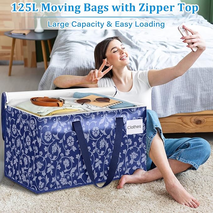 HomeHacks Moving Bags, Extra Large Size Moving Boxes, Heavy Duty Luggage Bags with Smooth Zipper and Sturdy Handles, Large Capacity & Easy Loading Storage Totes for Space Saver 125L, 10-Pack, Blue