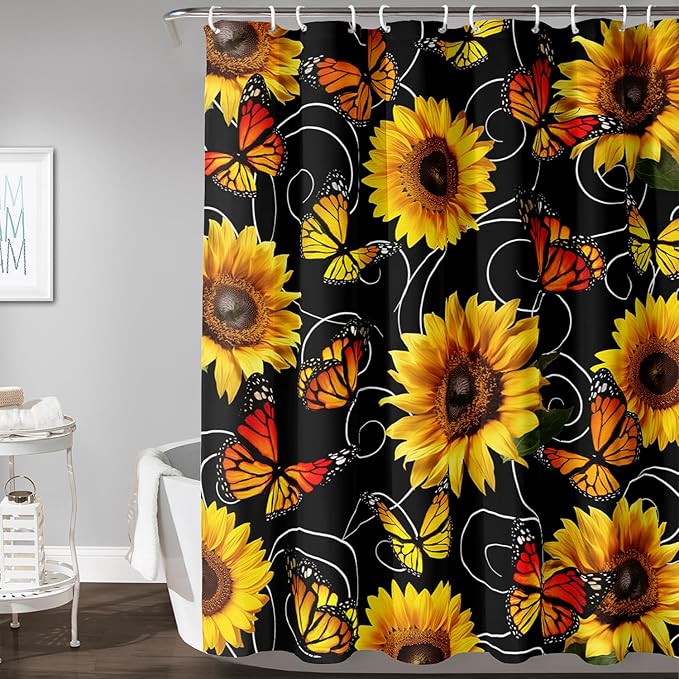 AILONEN Yellow Sunflower and Butterfly Shower Curtain,Garden Flower Black Bath Curtain,Modern Botanical Floral Waterproof Shower Curtain, 72" W x 72" H