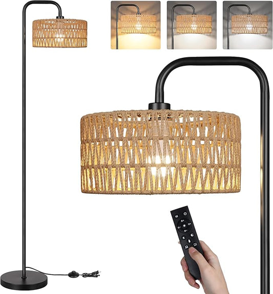 PARTPHONER Farmhouse Floor Lamp, 68''Tall Lamp for Living Room with Remote 3 Color Temperatures Boho Standing Lamp with Rattan Shades for Bedroom Study Room Office Hotel, Bulb Include