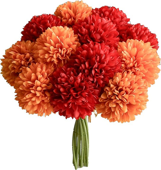 Mandy's Red and Orange Artificial Ball Chrysanthemum 12 Stems Faux Flowers with Bendable Stems for DIY Wedding Centerpiece Fall Decor Home Arrangements