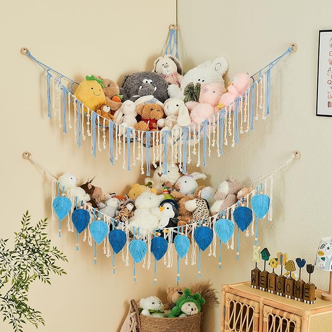 Pretty Jolly Stuffed Animal Storage Hammock with Wooden Beads Corner Hanging Net Boho Tassel for Toy Plush Holder for Kid Room Nursery Decor Wall Display Organizer for Girls Boy Gift(Light Blue)