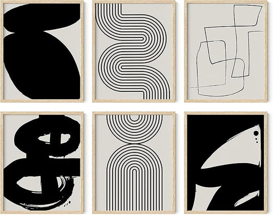 HAUS AND HUES Black Abstract Painting Aesthetic Wall Art- Set of 6 Modern Abstract Wall Art, Black and Gray One Line Abstract Art, Geometric Print Wall Art, Minimalist Wall Art (Beige Frame, 8x10)