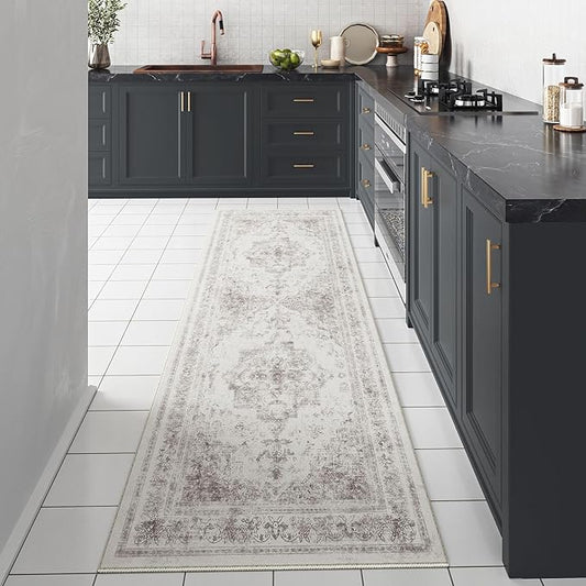 Runner Rug 2x6 Washable Light Gray Hallway Runner Vintage Boho Medallion Non Slip Grey Distressed Retro Carpet Indoor Low Pile Long Soft Rug for Kitchen Entryway Bedroom Bathroom Laundry