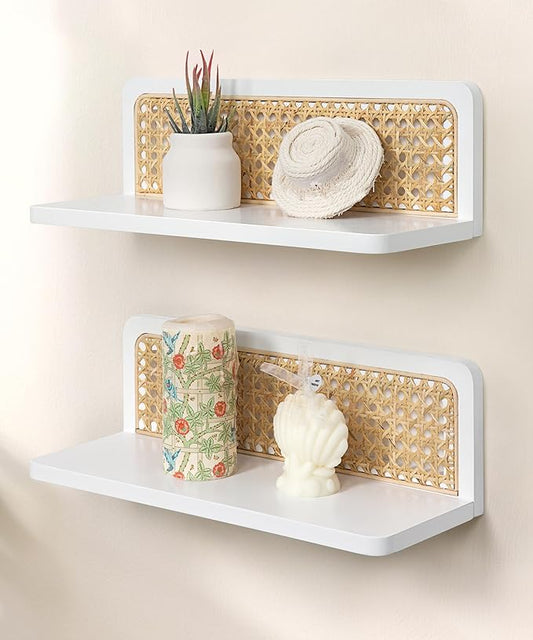 Rattan Floating Shelves, Boho Cane Webbing Wall Shelves Farmhouse Display Storage Organizer White Bookshelves Wicker Room Decor for Living Room Bedroom Entryway Hallway Bathroom, Set of 2