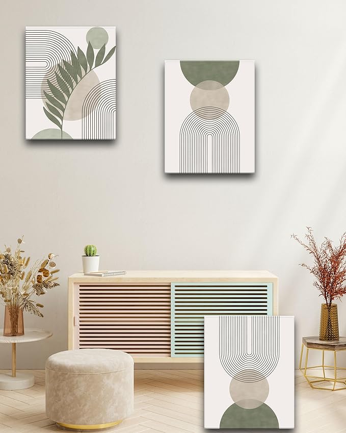 Sage Green Boho Wall Art, 12x16in Framed Canvas Bathroom Wall Art Pictures, Mid-Century Modern Wood Framed Abstract Prints for Bedroom,Minimalist Office Wall Decor 3Pack