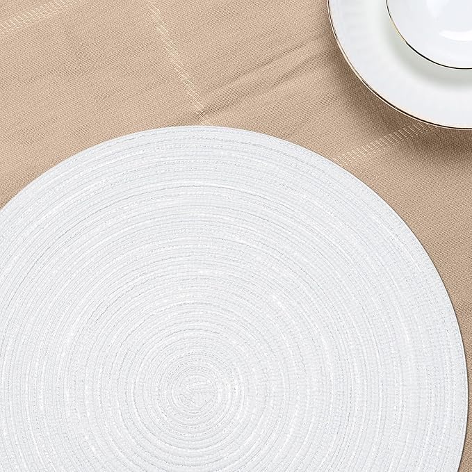 Noctiflorous 15 Inch Round Placemats Set of 6 Durable Braided Woven Heat Resistant Table Mats for Indoor Outdoor Non Slip Dining Table Place Mats(White Silver, 6)