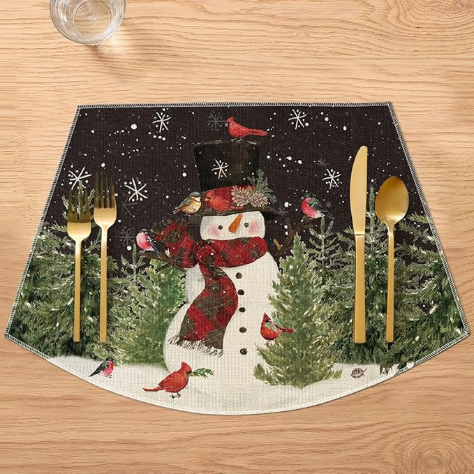 Artoid Mode Black Christmas Snowman Wedge Placemats for Round Table Set of 4, Winter Seasonal Kitchen Dining Table Decoration for Indoor Party Home