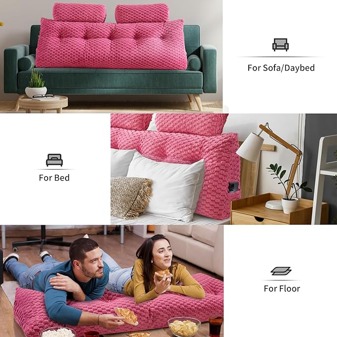 Wedge Headboard Pillow - Bed Wedge Pillow for Headboard Triangular Headboard Pillow with Neck Roll Pillow-Large Bolster Pillow for Sitting in Bed Backrest Positioning Support (Fushia,76x8x20 Inches)