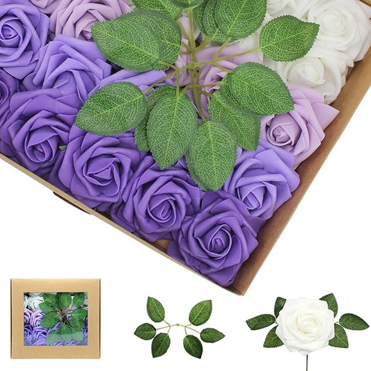 Artificial Flowers 100PCS Purple Roses Real Looking Lilac Foam Fake Roses with Leaves and for DIY Wedding Bouquets Bridal Shower Centerpieces Party Decorations (Purple Series, 100)
