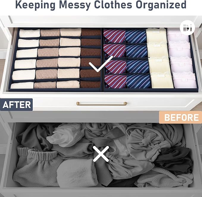 Joyoldelf Sock Drawer Organizer Divider 4 Packs Underwear Organizer, 2 x 24 Cell + 2 x 16 Cell Closet Organizers and Storage Sock Holders for Storing Socks, Handkerchiefs, Ties, Belts (Navy Blue)