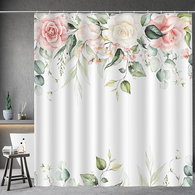 Floral Shower Curtain for Bathroom - Watercolor Pink Rose Flower Eucalyptus Leaves Fabric Shower Curtains Set with 12 Hooks Bathroom Decor Accessories, 72"x72"