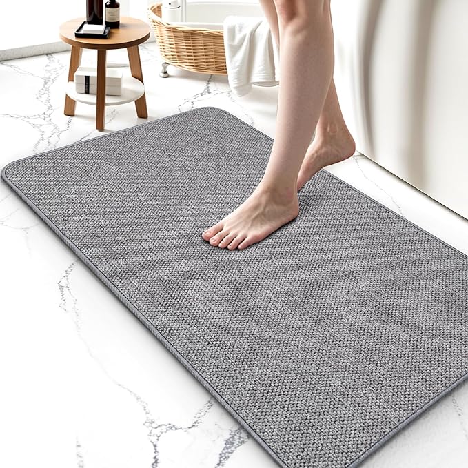 Thin Bathroom Rugs, Bath Mat Super Absorbent, Bath Rugs Rubber Backing Non-Slip, Quick Dry Machine Washable, Cozy Cloth Bathroom Mat fit Under Door/Sink/Bathtub/Shower/Kids 17''x27''-Gray