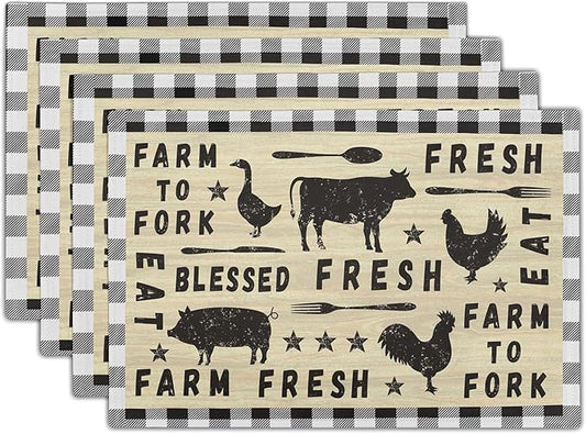 Farm Animal Cow Table Mat Set of 4，Farmhouse Chicken Decor Buffalo Plaid Rectangular Linen Placemats with Non-Slip Kitchen Table Decor 12x18 Inch for Party Kitchen Dining