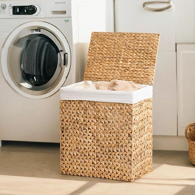 Ludmila Water Hyacinth Woven Rectangular Laundry Hamper Woven Laundry Basket with Lid - Large Wicker Basket for Clothes Storage (Natural Brown, 20.9x1x24.8 in)
