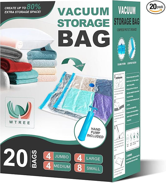 20 Pack Vacuum Storage Bags, Space Saver Bags, Vacuum Sealed Bags for Comforters, Blankets, Clothes Storage, Hand Pump Included (4 Jumbo/4 Large/4 Medium/8 Small)