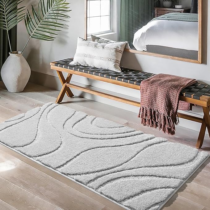 DEXDE Bathroom Rugs Mat, Soft Plush Shaggy Microfiber Bath Rug, Non Slip Bath Mats for Bathroom Runner Floor, Machine Washable Absorbent Carpet for Shower Tub, Gray 24"x47"