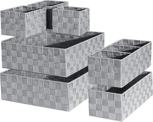 Drawer Organizer, Cube Baskets for Storage Shelves, Handmade Small Woven Basket, Shallow Storage Bins for Organizing Desk, Dresser, Kitchen, Pantry, Nested 7 Pack, Gray