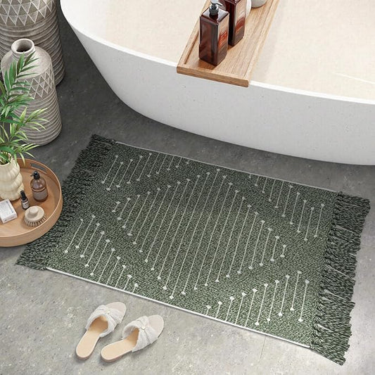 LIVEBOX Boho Green Bathroom Rug 2 x 3, Washable Bath Mat with Tassel Cotton Blend Woven Small Area Rug for for Entryway, Kitchen Sink,Front Door