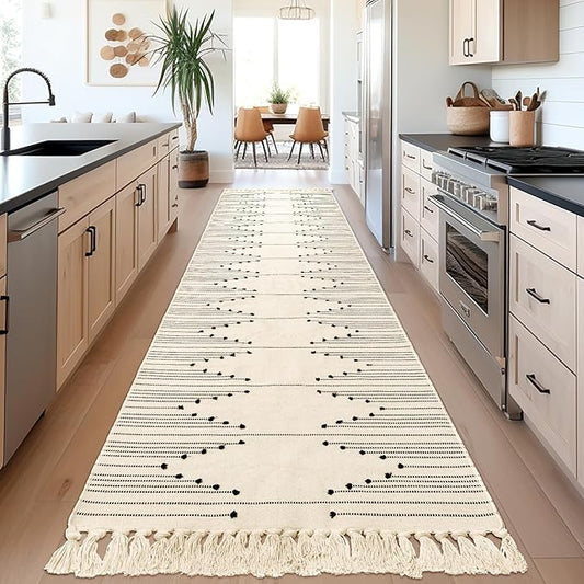 Tritard Boho Hallway Runner Rug 2x10 - Washable Area Rug Farmhouse Aztec Cotton Long Lightweight Rugs with Tassels Kitchen Bathroom Woven Low Pile Thin Carpet for Entryway, Bedroom, Beige Cream