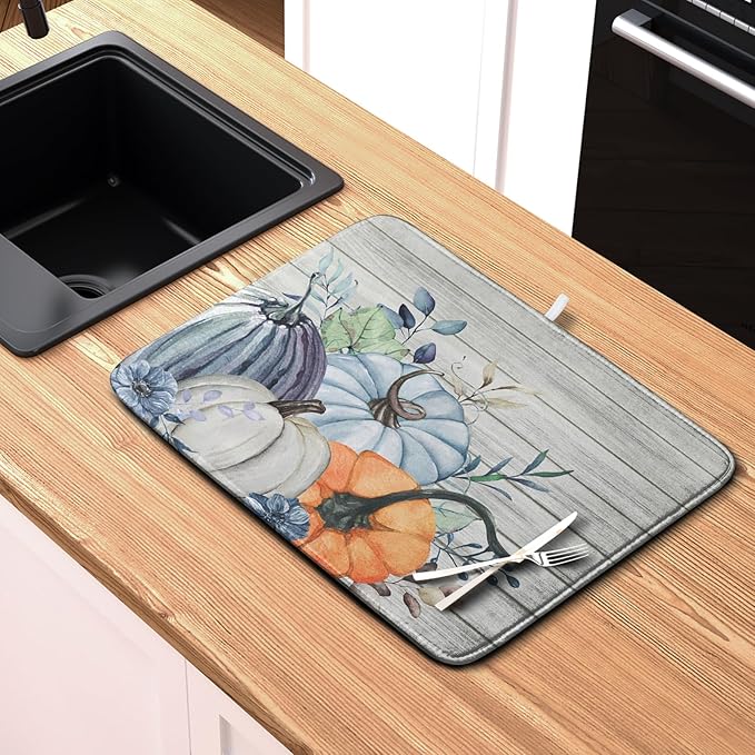 Fall Blue Orange Grey Pumpkin Kitchen Dish Drying Mat for Kitchen Counter 16x18 Inch Autumn Teal Flowers Drying Mat Thanksgiving Harvest Dish Drainer Mat Super Absorbent Dish Rack Pad for Coffee Bar