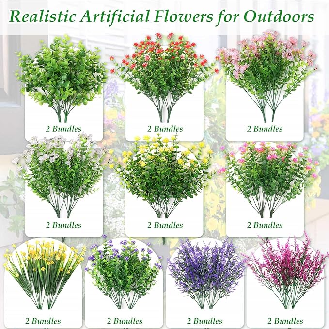 20 Bundles Realistic Artificial Flowers for Outdoors, UV Resistant No Fade Fake Flowers with Plastic Faux Shrubs Plants for Garden Patio Porch Window Box Home Wedding Farmhouse Outside Hanging Decor