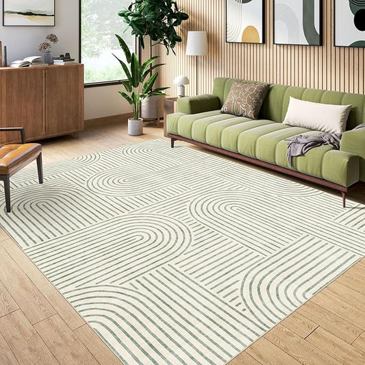 Washable 4x6 Area Rug - Boho Living Room Rug Stain Resistant Soft Modern Rugs for Bedroom Ultra-Thin Sage Green Abstract Rainbow Dining Room Rugs Indoor Carpet for Living Room Nursery Room
