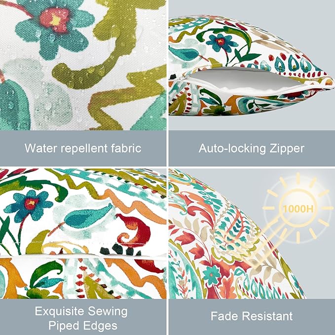 LVTXIII Outdoor Throw Pillow Covers Waterproof Tropic Accent Pillow Cases Fluffy Outdoor Cushion Covers for Garden and Patio Furniture Decoration, 16x16, 2 Pack, Pretty Paisley